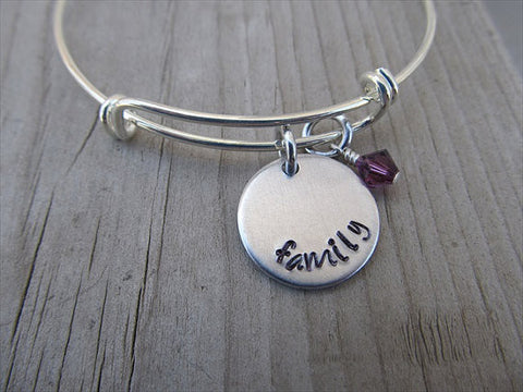 Family Bracelet- "family"  - Hand-Stamped Bracelet -Adjustable Bangle Bracelet with an accent bead in your choice of colors