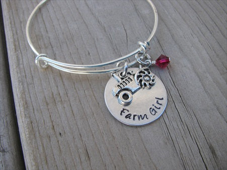 Farm Tractor Bracelet- "Farm Girl" with tractor charm - Hand-Stamped Bracelet- Adjustable Bangle Bracelet with an accent bead of your choice