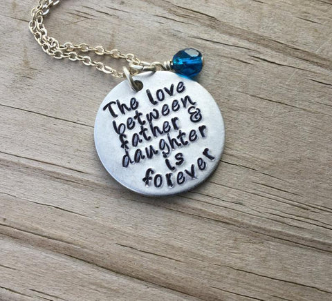 Father & Daughter Necklace- Hand-Stamped Necklace - "The love between father & daughter is forever"  with an accent bead in your choice of colors