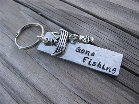 Gift for Dad, Grandpa, Uncle, Husband- Keychain- "Gone Fishing"- Keychain- Textured, with Fishing Boat Charm