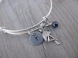 Flamingo Charm Bracelet- Adjustable Bangle Bracelet with an Initial Charm and Accent Bead in your choice of colors