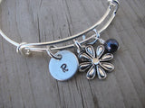 Flower Charm Bracelet -Adjustable Bangle Bracelet with an Initial Charm and Accent Bead in your choice of colors