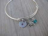 Butterfly Charm Bracelet -Adjustable Bangle Bracelet with an Initial Charm and an Accent Bead of your choice