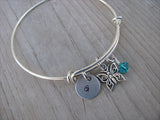 Butterfly Charm Bracelet -Adjustable Bangle Bracelet with an Initial Charm and an Accent Bead of your choice