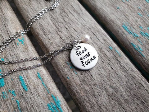 Focus Necklace- Hand-Stamped Necklace "feed your focus" with an accent bead in your choice of colors