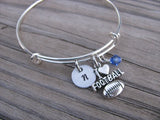 Football Charm Bracelet- Adjustable Bangle Bracelet with an Initial Charm and Accent Bead of your Choice