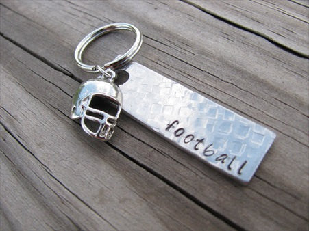 Football Keychain- with name of your choice or "football" with football helmet charm- Keychain- Small, Textured, Rectangle Key Chain