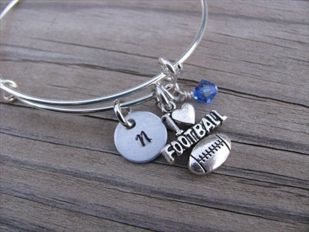 Football Charm Bracelet- Adjustable Bangle Bracelet with an Initial Charm and Accent Bead of your Choice