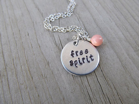 Free Spirit Necklace- "free spirit- Hand-Stamped Necklace with an accent bead in your choice of colors