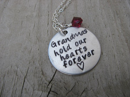 Grandmas Hold Our Hearts Forever Inspiration Necklace- "Grandmas hold our hearts forever" with a stamped heart - Hand-Stamped Necklace with an accent bead in your choice of colors