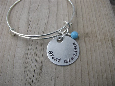 Great Grandma Inspiration Bracelet- "Great Grandma" - Hand-Stamped Bracelet- Adjustable Bangle Bracelet with an accent bead of your choice