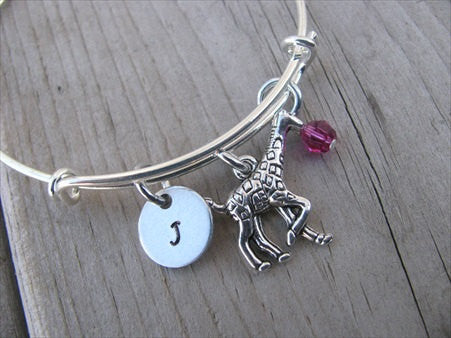 Giraffe Charm Bracelet- Adjustable Bangle Bracelet with an Initial Charm and Accent bead of your choice