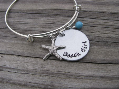 Beach Girl Bracelet with Starfish Charm - Hand-Stamped Bracelet  -Adjustable Bangle Bracelet with an accent bead of your choice