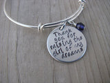 Mother in Law Bracelet- "Thank you for raising the girl of my dreams" - Hand-Stamped Bracelet- Adjustable Bangle Bracelet with an accent bead of your choice