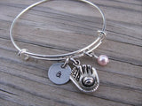 Baseball Glove Charm Bracelet -Adjustable Bangle Bracelet with an Initial Charm and an Accent Bead of your choice