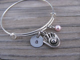 Baseball Glove Charm Bracelet -Adjustable Bangle Bracelet with an Initial Charm and an Accent Bead of your choice