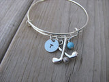 Golf Charm Bracelet- Adjustable Bangle Bracelet with an Initial Charm and Accent Bead of your choice