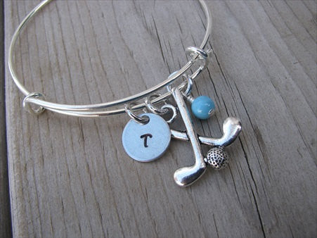 Golf Charm Bracelet- Adjustable Bangle Bracelet with an Initial Charm and Accent Bead of your choice