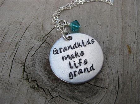 Grandkids Inspiration Necklace- "Grandkids make life grand" - Hand-Stamped Necklace with an accent bead in your choice of colors