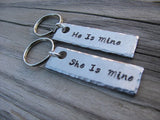 His and Hers Keychain Set- Hand-Stamped Keychains "He Is Mine" and "She Is Mine" great gift for bridal shower, wedding, anniversary gift - Hand Stamped Metal Keychains