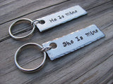 His and Hers Keychain Set- Hand-Stamped Keychains "He Is Mine" and "She Is Mine" great gift for bridal shower, wedding, anniversary gift - Hand Stamped Metal Keychains