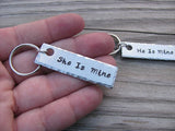 His and Hers Keychain Set- Hand-Stamped Keychains "He Is Mine" and "She Is Mine" great gift for bridal shower, wedding, anniversary gift - Hand Stamped Metal Keychains