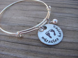 Expectant Mother Bracelet, Baby Shower Gift- hand-stamped footprints, with "miracles happen"- Hand-Stamped Bracelet- Adjustable Bangle Bracelet with an accent bead of your choice