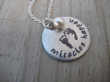 Expectant Mother Necklace, Baby Shower Gift- hand-stamped footprints, with "miracles happen" - Hand-Stamped Necklace with an accent bead in your choice of colors