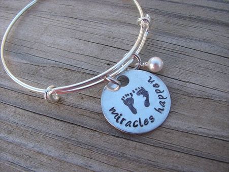 Expectant Mother Bracelet, Baby Shower Gift- hand-stamped footprints, with "miracles happen"- Hand-Stamped Bracelet- Adjustable Bangle Bracelet with an accent bead of your choice