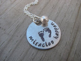 Expectant Mother Necklace, Baby Shower Gift- hand-stamped footprints, with "miracles happen" - Hand-Stamped Necklace with an accent bead in your choice of colors