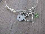 Heart Charm Bracelet- Adjustable Bangle Bracelet with an Initial Charm and an Accent Bead in your choice of colors