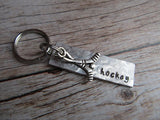 Hockey Keychain- with name of your choice or "hockey" with hockey charm- Keychain- Small, Textured, Rectangle Key Chain