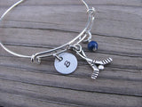 Hockey Charm Bracelet- Adjustable Bangle Bracelet with an Initial Charm and an Accent Bead in your choice of colors