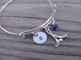 Hockey Charm Bracelet- Adjustable Bangle Bracelet with an Initial Charm and an Accent Bead in your choice of colors