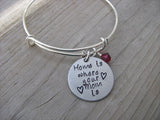 Mother's Bracelet- "Home is where your Mom is" with stamped hearts  - Hand-Stamped Bracelet- Adjustable Bangle Bracelet with an accent bead of your choice