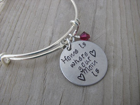 Mother's Bracelet- "Home is where your Mom is" with stamped hearts  - Hand-Stamped Bracelet- Adjustable Bangle Bracelet with an accent bead of your choice