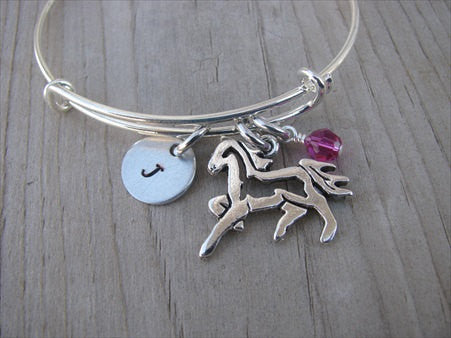 Horse Charm Bracelet- Adjustable Bangle Bracelet with an Initial Charm and an Accent Bead in your choice of colors