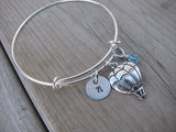 Hot Air Balloon Charm Bracelet- Adjustable Bangle Bracelet with an Initial Charm and an Accent Bead in your choice of colors