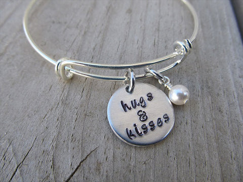 Hugs & Kisses Bracelet- "hugs & kisses"  - Hand-Stamped Bracelet- Adjustable Bangle Bracelet with an accent bead of your choice