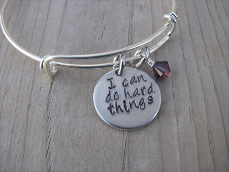 Inspiration Bracelet- Hand-Stamped "I can do hard things"  - Hand-Stamped Bracelet- Adjustable Bangle Bracelet with an accent bead of your choice