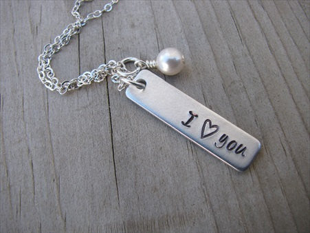 I Love You Inspirational Necklace-brushed silver rectangle with "I ♥ you"- Hand-Stamped Necklace with an accent bead in your choice of colors