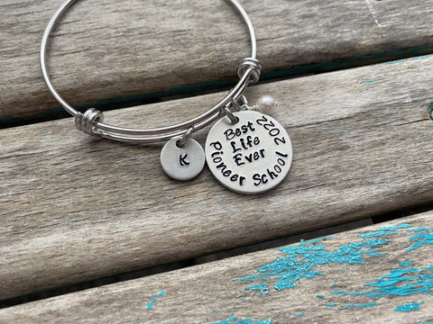 Best Life Ever Bracelet- Hand-Stamped "Best Life Ever Pioneer School 2022” Bracelet with an initial charm and an accent bead of your choice