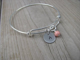 Personalized Initial Bracelet- Adjustable Bangle Bracelet with an Initial Charm and an Accent Bead in your choice of colors