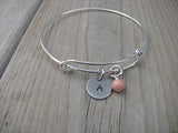 Personalized Initial Bracelet- Adjustable Bangle Bracelet with an Initial Charm and an Accent Bead in your choice of colors