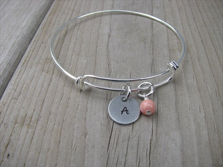 Personalized Initial Bracelet- Adjustable Bangle Bracelet with an Initial Charm and an Accent Bead in your choice of colors
