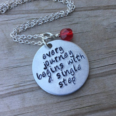 Journey Necklace- Hand-Stamped Necklace "every journey begins with a single step" with an accent bead in your choice of colors