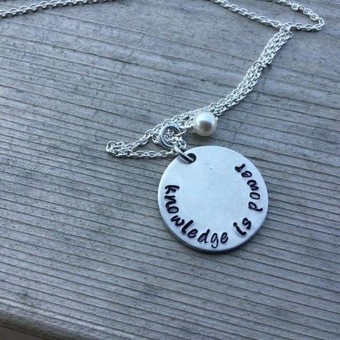 Knowledge Necklace- Hand-Stamped Necklace "knowledge is power" with an accent bead in your choice of colors