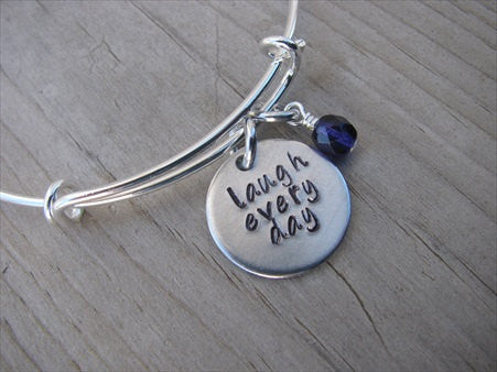Laugh Every Day Inspiration Bracelet- "laugh every day"  - Hand-Stamped Bracelet-Adjustable Bracelet with an accent bead of your choice