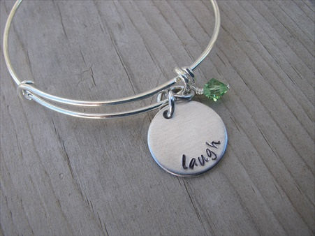 Laugh Inspiration Bracelet- "laugh"  - Hand-Stamped Bracelet  -Adjustable Bangle Bracelet with an accent bead of your choice