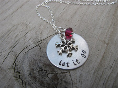 Let It Go Necklace- "let it go" with a snowflake charm  - Hand-Stamped Necklace with an accent bead in your choice of colors